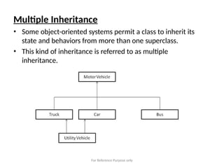 Multiple Inheritance
• Some object-oriented systems permit a class to inherit its
state and behaviors from more than one superclass.
• This kind of inheritance is referred to as multiple
inheritance.
For Reference Purpose only
 