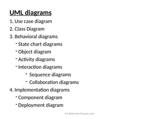 For Reference Purpose only
UML diagrams
1. Use case diagram
2. Class Diagram
3. Behavioral diagrams
- State chart diagrams
- Object diagram
- Activity diagrams
- Interaction diagrams
- Sequence diagrams
- Collaboration diagrams
4. Implementation diagrams
- Component diagram
- Deployment diagram
 