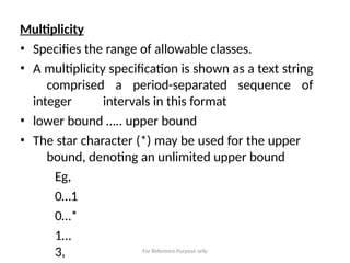 For Reference Purpose only
Multiplicity
• Specifies the range of allowable classes.
• A multiplicity specification is shown as a text string
comprised a period-separated sequence of
integer intervals in this format
• lower bound ….. upper bound
• The star character (*) may be used for the upper
bound, denoting an unlimited upper bound
Eg,
0…1
0…*
1…
3,
 