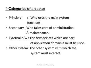 For Reference Purpose only
4-Categories of an actor
• Principle : Who uses the main system
functions.
• Secondary : Who takes care of administration
& maintenance.
• External h/w : The h/w devices which are part
of application domain a must be used.
• Other system: The other system with which the
system must interact.
 