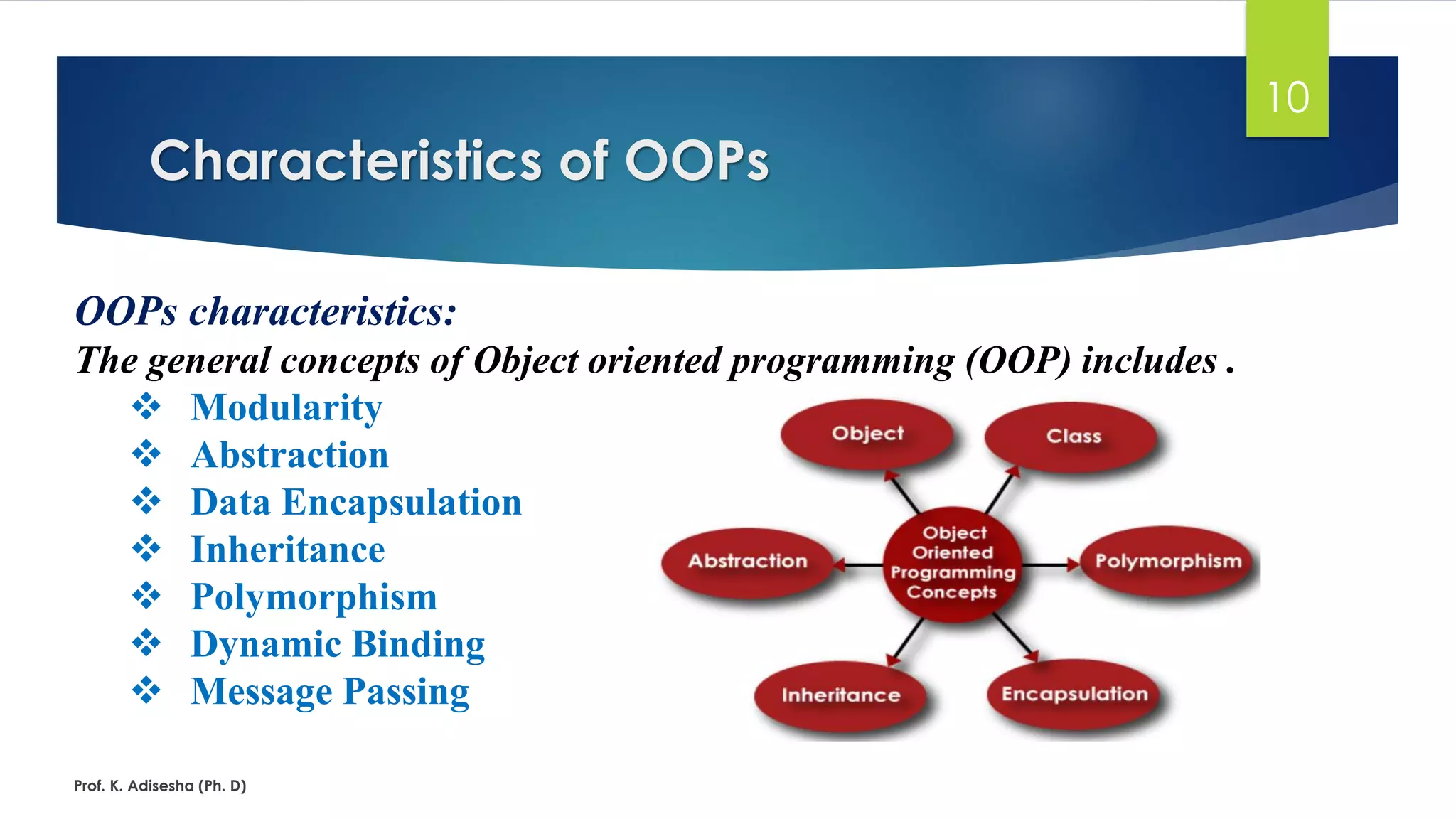 Characteristics of OOPs Prof. K. Adisesha (Ph. D) 10 OOPs characteristics: The general concepts of Object oriented programming (OOP) includes . ❖ Modularity ❖ Abstraction ❖ Data Encapsulation ❖ Inheritance ❖ Polymorphism ❖ Dynamic Binding ❖ Message Passing 