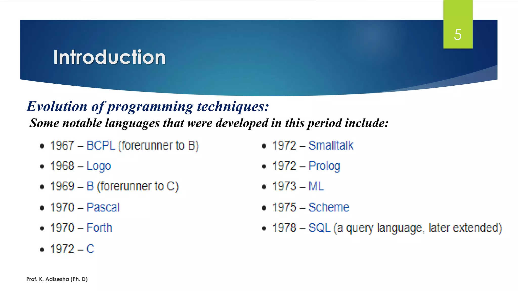 Introduction Prof. K. Adisesha (Ph. D) 5 Evolution of programming techniques: Some notable languages that were developed in this period include: 