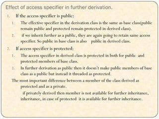 Effect of access specifier in further derivation.
1. If the access specifier is public:
1. The effective specifier in the derivation class is the same as base class(public
remain public and protected remain protected in derived class).
2. if we inherit further as a public, they are again going to retain same access
specifier. So public in base class is also public in derived class.
2. If access specifier is protected:
1. The access specifier in derived class is protected in both for public and
protected members of base class.
2. In further derivation as public then it doesn‟t make public members of base
class as a public but instead it threaded as protected.
The most important difference between a member of the class derived as
protected and as a private.
if privately derived then member is not available for further inheritance,
inheritance, in case of protected it is available for further inheritance.
 