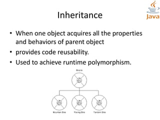 Inheritance
• When one object acquires all the properties
and behaviors of parent object
• provides code reusability.
• Used to achieve runtime polymorphism.
 