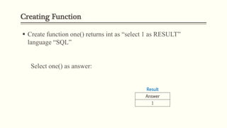 Creating Function
 Create function one() returns int as “select 1 as RESULT”
language “SQL”
Select one() as answer:
Result
Answer
1
 