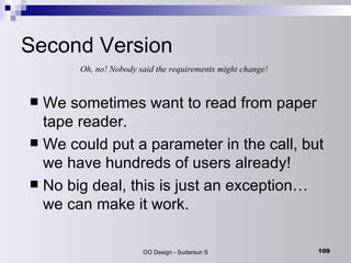 Second Version We sometimes want to read from paper tape reader. We could put a parameter in the call, but we have hundreds of users already!  No big deal, this is just an exception… we can make it work. Oh, no! Nobody said the requirements might change! 