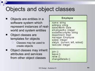 Objects and object classes  Objects are entities in a software system which represent instances of real-world and system entities Object classes are templates for objects Classes may be used to create objects Object classes may inherit attributes and services from other object classes 