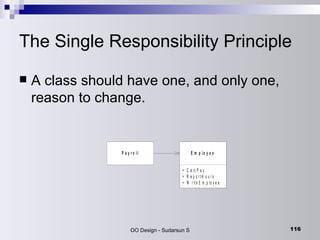 The Single Responsibility Principle A class should have one, and only one, reason to change. 