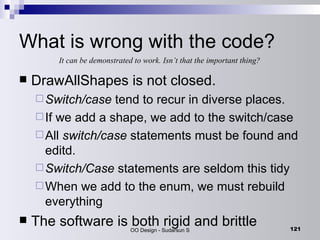 What is wrong with the code? DrawAllShapes is not closed. Switch/case  tend to recur in diverse places. If we add a shape, we add to the switch/case All  switch/case  statements must be found and editd. Switch/Case  statements are seldom this tidy When we add to the enum, we must rebuild everything The software is both rigid and brittle It can be demonstrated to work. Isn’t that the important thing? 