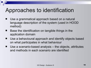 Approaches to identification Use a grammatical approach based on a natural language description of the system (used in HOOD method) Base the identification on tangible things in the application domain Use a behavioural approach and identify objects based on what participates in what behaviour Use a scenario-based analysis – the objects, attributes and methods in each scenario are identified 