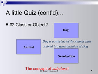 A little Quiz (cont’d)… #2 Class or Object? The concept of  subclass ! Dog is a subclass of the Animal class Animal is a generalization of Dog Dog Scooby-Doo Animal 