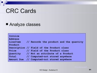 CRC Cards Analyze classes Invoice Address LineItem  // Records the product and the quantity Product Description // Field of the Product class Price  // Field of the Product class Quantity  // Not an attribute of a Product Total  // Computed–not stored anywhere Amount Due  // Computed–not stored anywhere  Continued… 