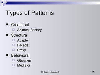 Types of Patterns Creational Abstract Factory Structural Adapter Façade Proxy Behavioral Observer Mediator 
