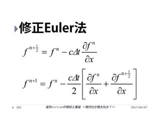 2017/06/07102
修正Euler法
x
f
tcΔff




n
nn 2
1
















x
f
x
ftcΔ
ff
2
1nn
n1n
2
並列Fortranの現状と展望 ∼現代化か肥大化か？∼
 