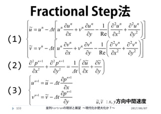 2017/06/07133
: x, y方向中間速度
































































2
2
2
2
2
2
2
2
Re
1~
Re
1~
y
v
x
v
y
v
v
x
v
uΔtvv
y
u
x
u
y
u
v
x
u
uΔtuu
nnn
n
n
nn
nnn
n
n
nn
















 
y
v
x
u
Δty
p
x
p nn ~~1
2
12
2
12
















y
p
Δtvv
x
p
Δtuu
n
n
n
n
1
1
1
1
~
~
vu ~,~
Fractional Step法
(1)
(2)
(3)
並列Fortranの現状と展望 ∼現代化か肥大化か？∼
 