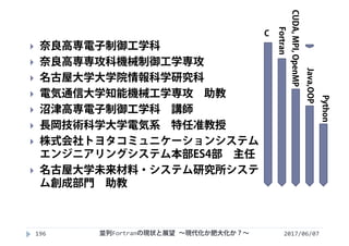 2017/06/07196
 奈良高専電子制御工学科
 奈良高専専攻科機械制御工学専攻
 名古屋大学大学院情報科学研究科
 電気通信大学知能機械工学専攻 助教
 沼津高専電子制御工学科 講師
 長岡技術科学大学電気系 特任准教授
 株式会社トヨタコミュニケーションシステム
エンジニアリングシステム本部ES4部 主任
 名古屋大学未来材料・システム研究所システ
ム創成部門 助教
C
Fortran
CUDA,MPI,OpenMP
Java,OOP
Python
並列Fortranの現状と展望 ∼現代化か肥大化か？∼
 
