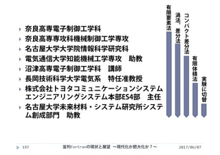 2017/06/07197
 奈良高専電子制御工学科
 奈良高専専攻科機械制御工学専攻
 名古屋大学大学院情報科学研究科
 電気通信大学知能機械工学専攻 助教
 沼津高専電子制御工学科 講師
 長岡技術科学大学電気系 特任准教授
 株式会社トヨタコミュニケーションシステム
エンジニアリングシステム本部ES4部 主任
 名古屋大学未来材料・システム研究所システ
ム創成部門 助教
有
限
要
素
法
渦
法
，
差
分
法
コ
ン
パ
ク
ト
差
分
法
有
限
体
積
法
実
験
に
切
替
並列Fortranの現状と展望 ∼現代化か肥大化か？∼
 
