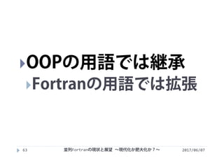 2017/06/0763
OOPの用語では継承
Fortranの用語では拡張
並列Fortranの現状と展望 ∼現代化か肥大化か？∼
 