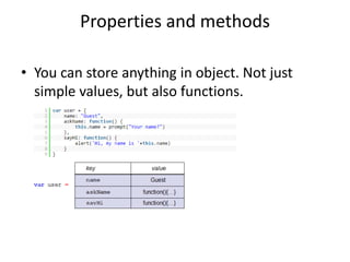 Properties and methods
• You can store anything in object. Not just
simple values, but also functions.
 