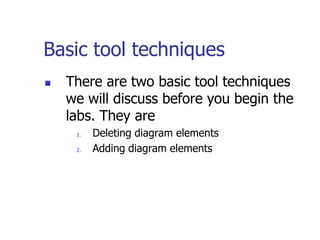 Basic tool techniques
   There are two basic tool techniques
    we will discuss before you begin the
    labs. They are
     1.   Deleting diagram elements
     2.   Adding diagram elements
 
