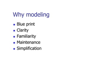 Why modeling
   Blue print
   Clarity
   Familiarity
   Maintenance
   Simplification
 