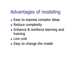 Advantages of modeling
   Easy to express complex ideas
   Reduce complexity
   Enhance & reinforce learning and
    training
   Low cost
   Easy to change the model
 