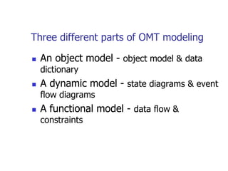 Three different parts of OMT modeling

   An object model - object model & data
    dictionary
   A dynamic model - state diagrams & event
    flow diagrams
   A functional model - data flow &
    constraints
 