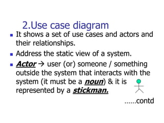 2.Use case diagram
   It shows a set of use cases and actors and
    their relationships.
   Address the static view of a system.
   Actor  user (or) someone / something
    outside the system that interacts with the
    system (it must be a noun) & it is
    represented by a stickman.
                                      ……contd
 