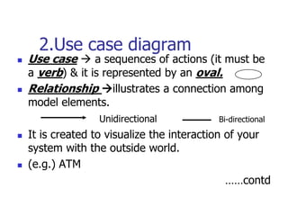 2.Use case diagram
   Use case  a sequences of actions (it must be
    a verb) & it is represented by an oval.
   Relationship illustrates a connection among
    model elements.
                  Unidirectional           Bi-directional

   It is created to visualize the interaction of your
    system with the outside world.
   (e.g.) ATM
                                               ……contd
 