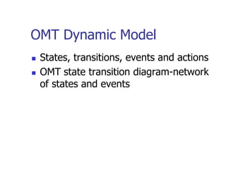 OMT Dynamic Model
   States, transitions, events and actions
   OMT state transition diagram-network
    of states and events
 