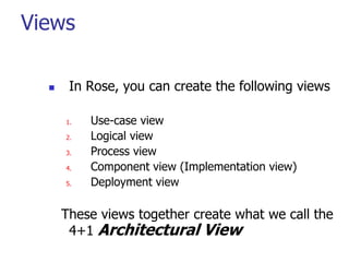 Views

      In Rose, you can create the following views

      1.   Use-case view
      2.   Logical view
      3.   Process view
      4.   Component view (Implementation view)
      5.   Deployment view

      These views together create what we call the
       4+1 Architectural View
 