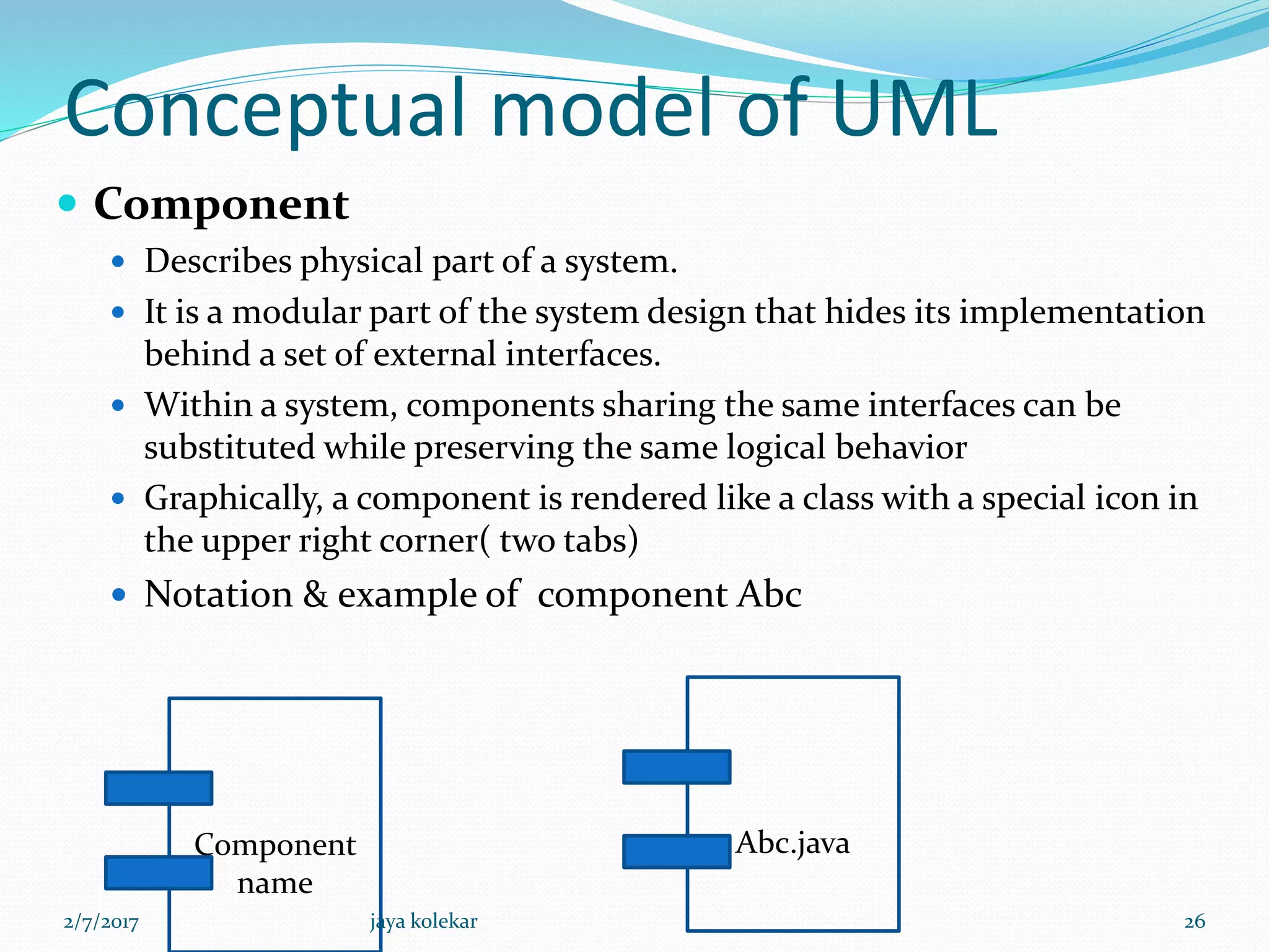 Conceptual model of UML
 Component
 Describes physical part of a system.
 It is a modular part of the system design that hides its implementation
behind a set of external interfaces.
 Within a system, components sharing the same interfaces can be
substituted while preserving the same logical behavior
 Graphically, a component is rendered like a class with a special icon in
the upper right corner( two tabs)
 Notation & example of component Abc
Component
name
Abc.java
2/7/2017 26jaya kolekar
 