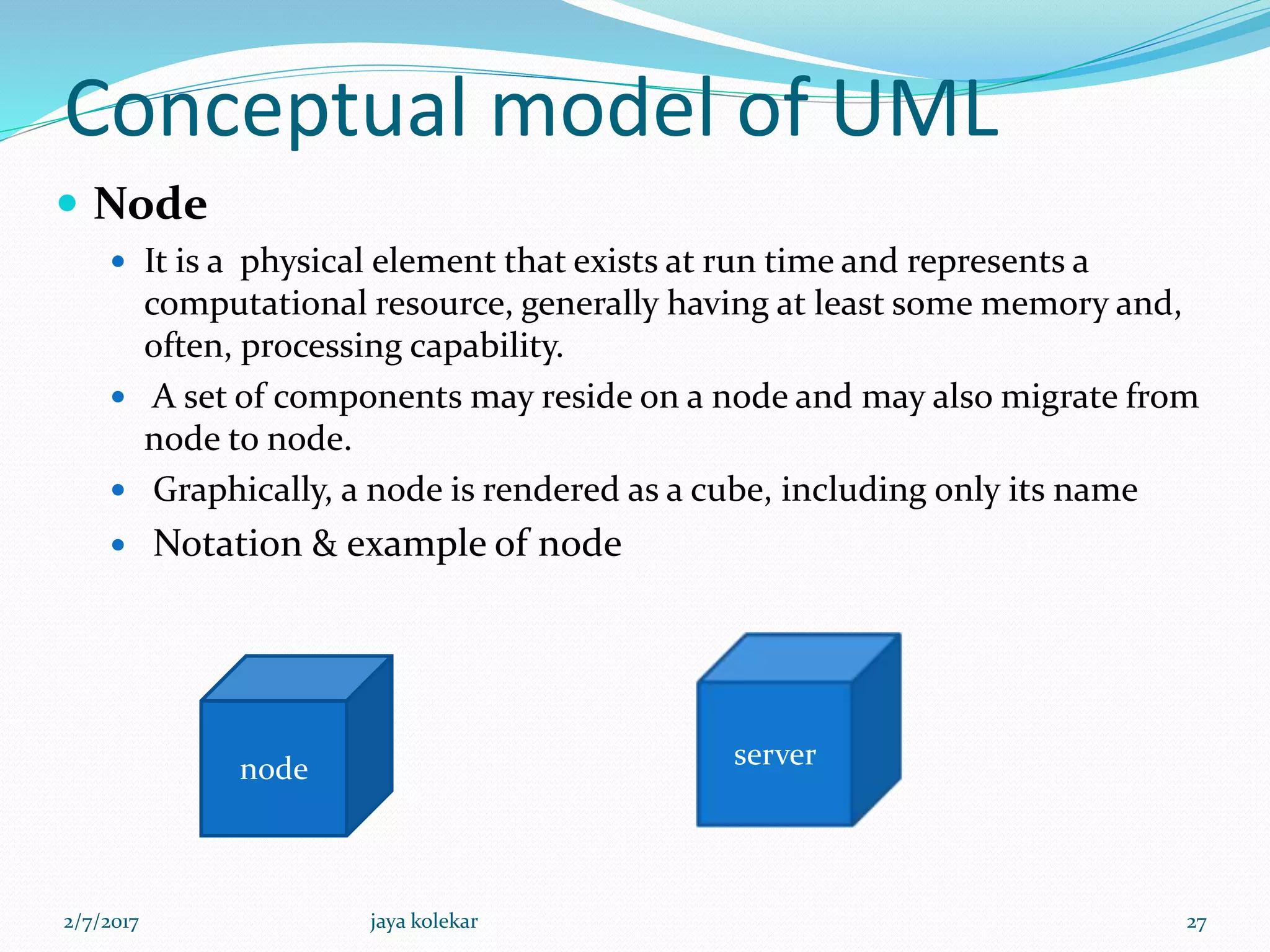 Conceptual model of UML
 Node
 It is a physical element that exists at run time and represents a
computational resource, generally having at least some memory and,
often, processing capability.
 A set of components may reside on a node and may also migrate from
node to node.
 Graphically, a node is rendered as a cube, including only its name
 Notation & example of node
servernode
2/7/2017 27jaya kolekar
 