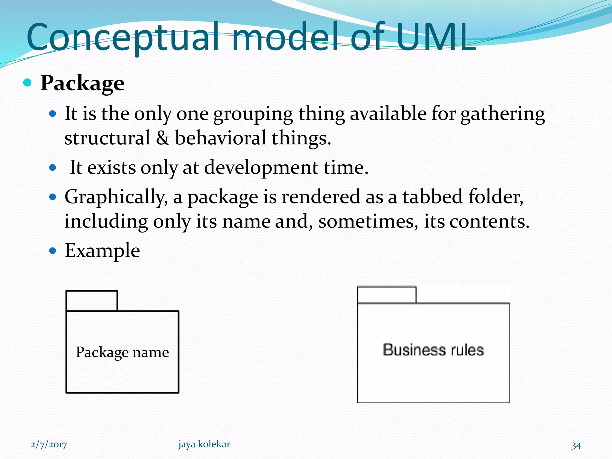 Conceptual model of UML
 Package
 It is the only one grouping thing available for gathering
structural & behavioral things.
 It exists only at development time.
 Graphically, a package is rendered as a tabbed folder,
including only its name and, sometimes, its contents.
 Example
Package name
2/7/2017 34jaya kolekar
 
