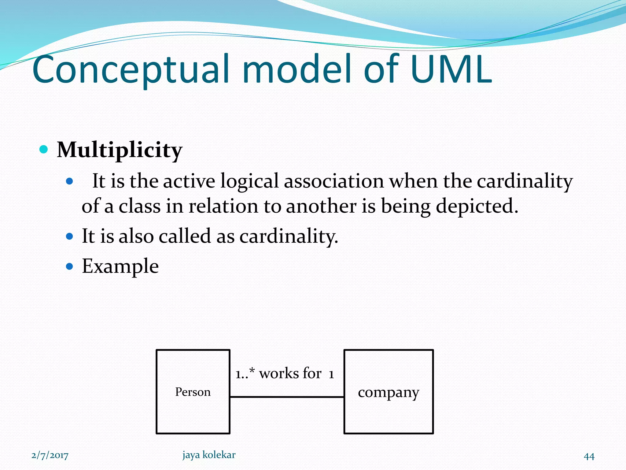Conceptual model of UML
 Multiplicity
 It is the active logical association when the cardinality
of a class in relation to another is being depicted.
 It is also called as cardinality.
 Example
Person company
1..* works for 1
2/7/2017 44jaya kolekar
 