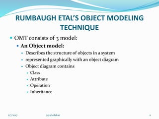 RUMBAUGH ETAL’S OBJECT MODELING
TECHNIQUE
 OMT consists of 3 model:
 An Object model:
 Describes the structure of objects in a system
 represented graphically with an object diagram
 Object diagram contains
 Class
 Attribute
 Operation
 Inheritance
2/7/2017 11jaya kolekar
 