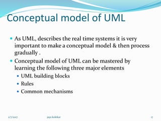 Conceptual model of UML
 As UML, describes the real time systems it is very
important to make a conceptual model & then process
gradually .
 Conceptual model of UML can be mastered by
learning the following three major elements
 UML building blocks
 Rules
 Common mechanisms
2/7/2017 17jaya kolekar
 