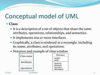Conceptual model of UML
 Class
 It is a description of a set of objects that share the same
attributes, operations, relationships, and semantics.
 It implements one or more interfaces
 Graphically, a class is rendered as a rectangle, including
its name, attributes, and operations.
 Notation and example of class window
Class name
Attributes
operations
2/7/2017 21jaya kolekar
 
