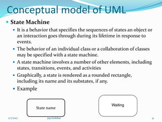 Conceptual model of UML
 State Machine
 It is a behavior that specifies the sequences of states an object or
an interaction goes through during its lifetime in response to
events.
 The behavior of an individual class or a collaboration of classes
may be specified with a state machine.
 A state machine involves a number of other elements, including
states, transitions, events, and activities
 Graphically, a state is rendered as a rounded rectangle,
including its name and its substates, if any.
 Example
State name
2/7/2017 31jaya kolekar
 