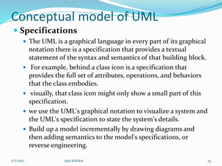 Conceptual model of UML
 Specifications
 The UML is a graphical language in every part of its graphical
notation there is a specification that provides a textual
statement of the syntax and semantics of that building block.
 For example, behind a class icon is a specification that
provides the full set of attributes, operations, and behaviors
that the class embodies.
 visually, that class icon might only show a small part of this
specification.
 we use the UML's graphical notation to visualize a system and
the UML's specification to state the system's details.
 Build up a model incrementally by drawing diagrams and
then adding semantics to the model's specifications, or
reverse engineering.
2/7/2017 53jaya kolekar
 
