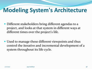 Modeling System's Architecture
 Different stakeholders bring different agendas to a
project, and looks at that system in different ways at
different times over the project's life.
 Used to manage these different viewpoints and thus
control the iterative and incremental development of a
system throughout its life cycle.
2/7/2017 58jaya kolekar
 