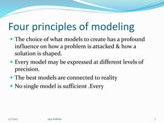 Four principles of modeling
 The choice of what models to create has a profound
influence on how a problem is attacked & how a
solution is shaped.
 Every model may be expressed at different levels of
precision.
 The best models are connected to reality
 No single model is sufficient .Every
2/7/2017 7jaya kolekar
 