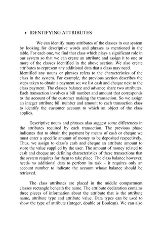 • IDENTIFYING ATTRIBUTES

           We can identify many attributes of the classes in our system
by looking for descriptive words and phrases as mentioned in the
table. For each one, we find that class which plays a significant role in
our system so that we can create an attribute and assign it to one or
more of the classes identified in the above section. We also create
attributes to represent any additional data that a class may need.
Identified any nouns or phrases refers to the characteristics of the
class in the system. For example, the previous section describes the
steps taken to obtain a payment so; we list cash and cheque next to the
class payment. The classes balance and advance share two attributes.
Each transaction involves a bill number and amount that corresponds
to the account of the customer making the transaction. So we assign
an integer attribute bill number and amount to each transaction class
to identify the customer account to which an object of the class
applies.

      Descriptive nouns and phrases also suggest some differences in
the attributes required by each transaction. The previous phase
indicates that to obtain the payment by means of cash or cheque we
must enter a specific amount of money to be deposited respectively.
Thus, we assign to class’s cash and cheque an attribute amount to
store the value supplied by the user. The amount of money related to
cash and cheque are defining characteristics of these transactions that
the system requires for them to take place. The class balance however,
needs no additional data to perform its task – it requires only an
account number to indicate the account whose balance should be
retrieved.

      The class attributes are placed in the middle compartment
classes rectangle beneath the name. The attribute declaration contains
three pieces of information about the attribute that is the attribute
name, attribute type and attribute value. Data types can be used to
show the type of attribute (integer, double or Boolean). We can also
 