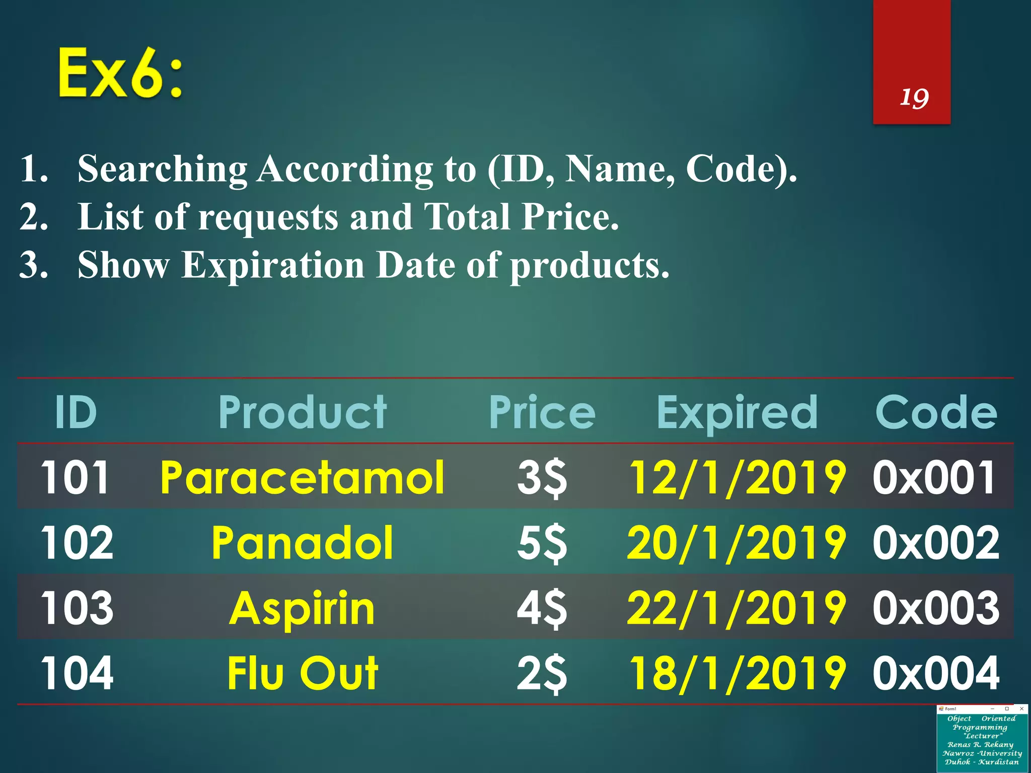 19
1. Searching According to (ID, Name, Code).
2. List of requests and Total Price.
3. Show Expiration Date of products.
ID Product Price Expired Code
101 Paracetamol 3$ 12/1/2019 0x001
102 Panadol 5$ 20/1/2019 0x002
103 Aspirin 4$ 22/1/2019 0x003
104 Flu Out 2$ 18/1/2019 0x004
 