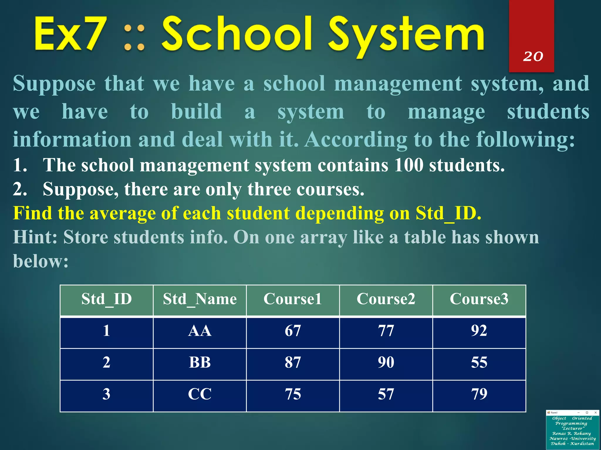 20
Suppose that we have a school management system, and
we have to build a system to manage students
information and deal with it. According to the following:
1. The school management system contains 100 students.
2. Suppose, there are only three courses.
Find the average of each student depending on Std_ID.
Hint: Store students info. On one array like a table has shown
below:
Std_ID Std_Name Course1 Course2 Course3
1 AA 67 77 92
2 BB 87 90 55
3 CC 75 57 79
 