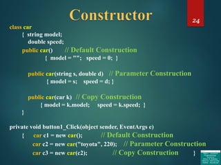 24
class car
{ string model;
double speed;
public car() // Default Construction
{ model = ""; speed = 0; }
public car(string s, double d) // Parameter Construction
{ model = s; speed = d; }
public car(car k) // Copy Construction
{ model = k.model; speed = k.speed; }
}
private void button1_Click(object sender, EventArgs e)
{ car c1 = new car(); // Default Construction
car c2 = new car("toyota", 220); // Parameter Construction
car c3 = new car(c2); // Copy Construction }
 