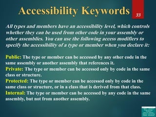 33
All types and members have an accessibility level, which controls
whether they can be used from other code in your assembly or
other assemblies. You can use the following access modifiers to
specify the accessibility of a type or member when you declare it:
Public: The type or member can be accessed by any other code in the
same assembly or another assembly that references it.
Private: The type or member can be accessed only by code in the same
class or structure.
Protected: The type or member can be accessed only by code in the
same class or structure, or in a class that is derived from that class.
Internal: The type or member can be accessed by any code in the same
assembly, but not from another assembly.
 