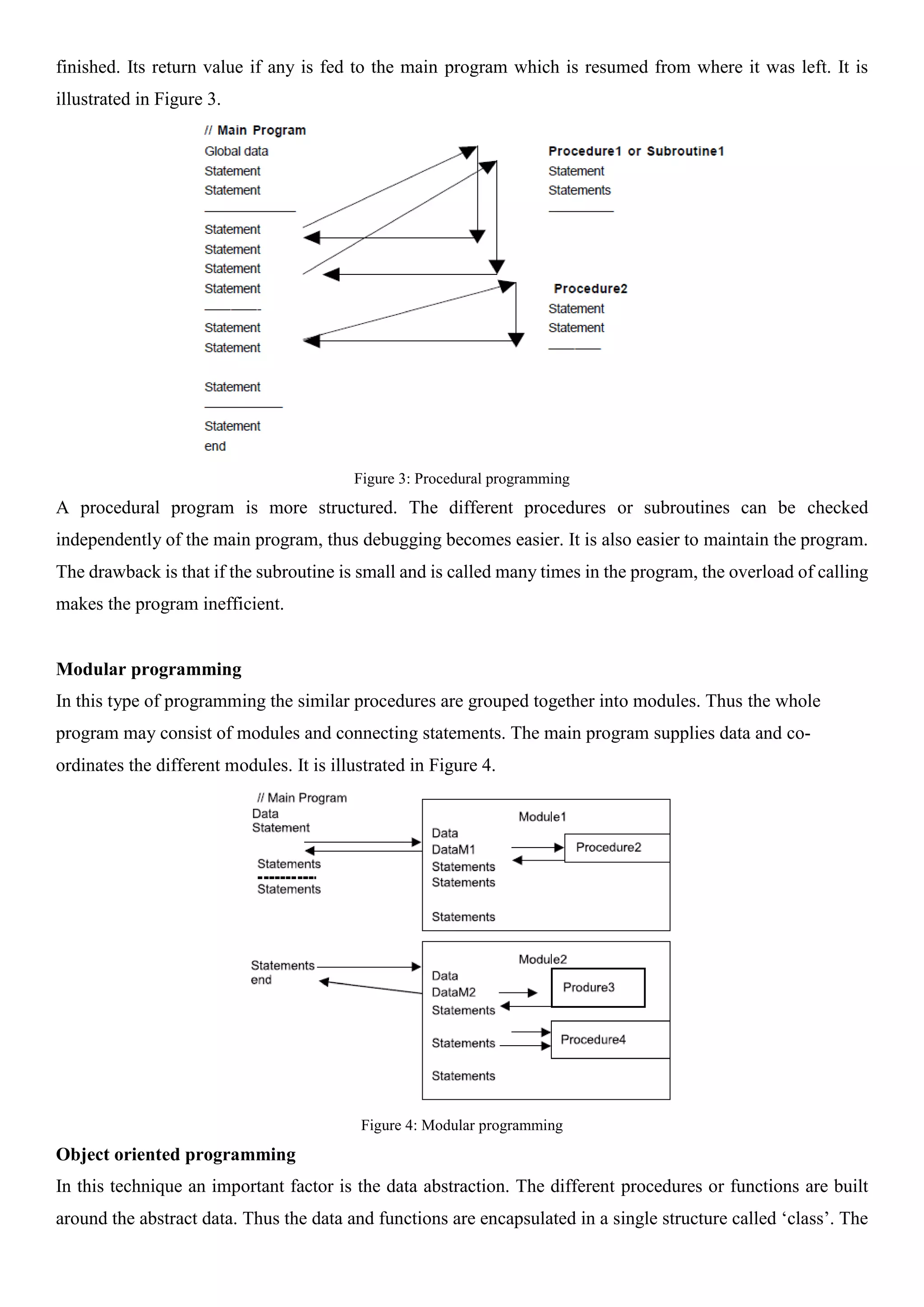 finished. Its return value if any is fed to the main program which is resumed from where it was left. It is illustrated in Figure 3. Figure 3: Procedural programming A procedural program is more structured. The different procedures or subroutines can be checked independently of the main program, thus debugging becomes easier. It is also easier to maintain the program. The drawback is that if the subroutine is small and is called many times in the program, the overload of calling makes the program inefficient. Modular programming In this type of programming the similar procedures are grouped together into modules. Thus the whole program may consist of modules and connecting statements. The main program supplies data and co- ordinates the different modules. It is illustrated in Figure 4. Figure 4: Modular programming Object oriented programming In this technique an important factor is the data abstraction. The different procedures or functions are built around the abstract data. Thus the data and functions are encapsulated in a single structure called ‘class’. The 