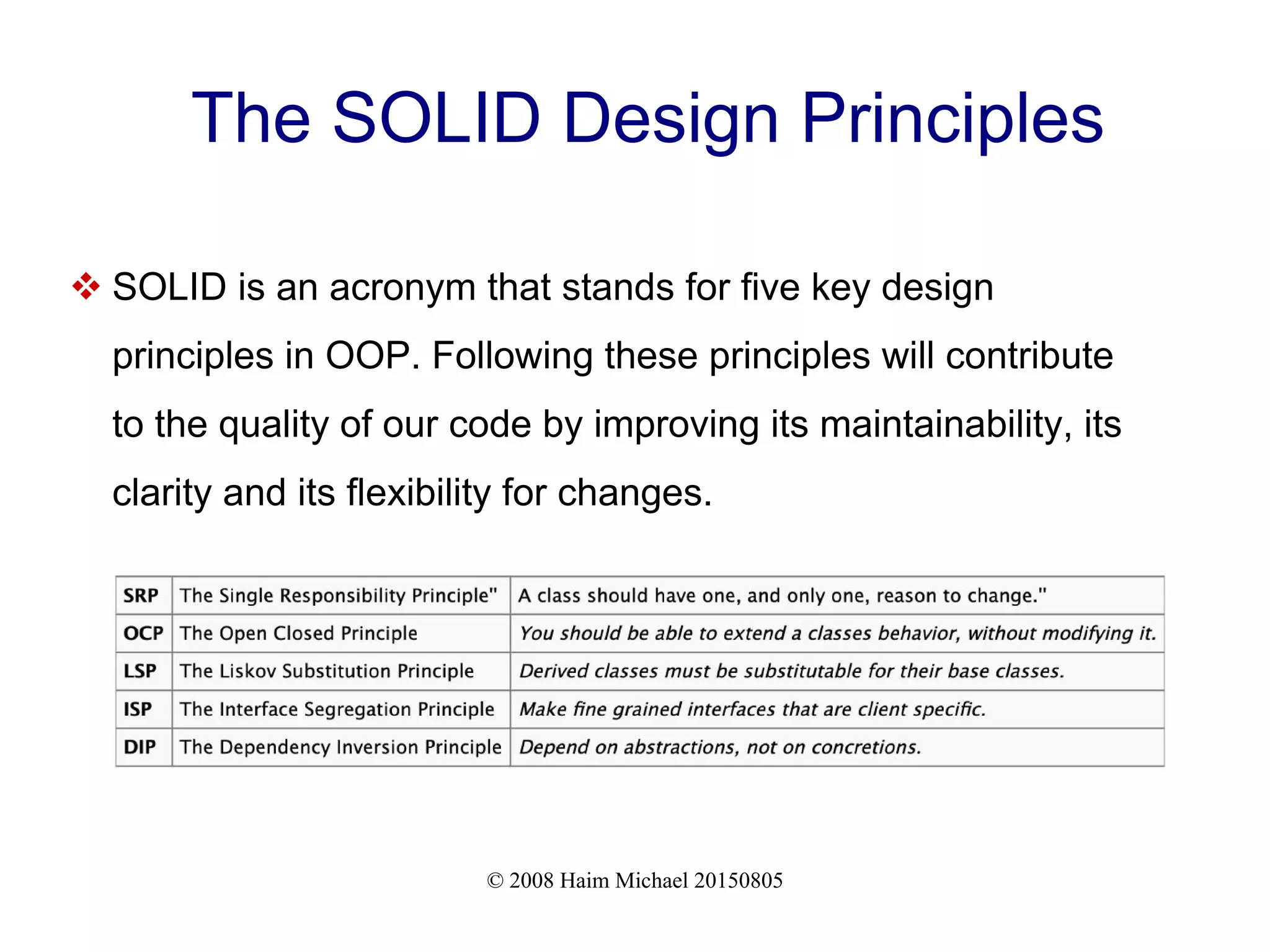 © 2008 Haim Michael 20150805
The SOLID Design Principles
 SOLID is an acronym that stands for five key design
principles in OOP. Following these principles will contribute
to the quality of our code by improving its maintainability, its
clarity and its flexibility for changes.
 