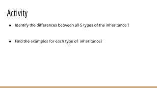 Activity
● Identify the differences between all 5 types of the inheritance ?
● Find the examples for each type of inheritance?
 